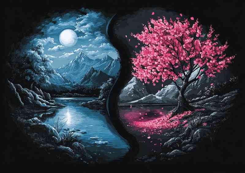 Two halves of yin and yang with trees and flowers