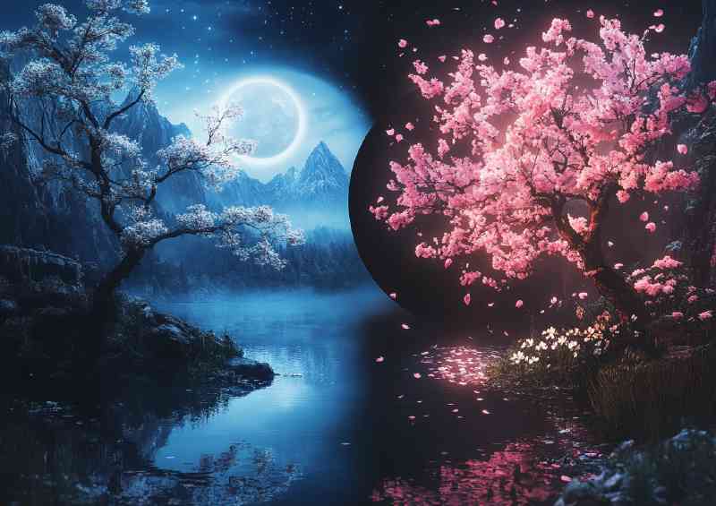 Two halves of yin and yang with trees and flowers blue moon