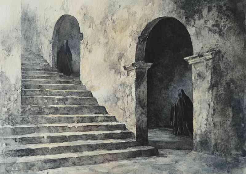 Watercolor and charcoal painting of an old stone
