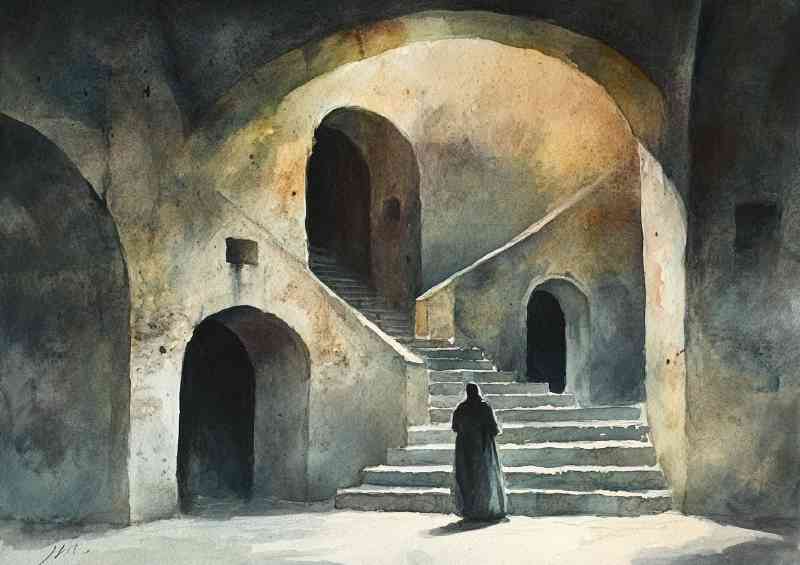 Watercolor painting of a staircase