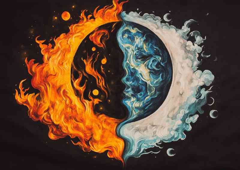 Yin and yang symbol with one side depicting fire ice