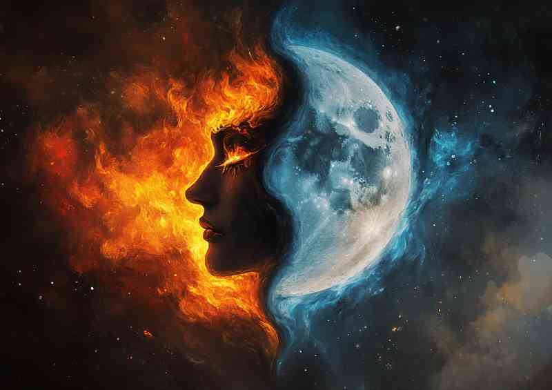 Yin and yang symbol with one side depicting the dark fire