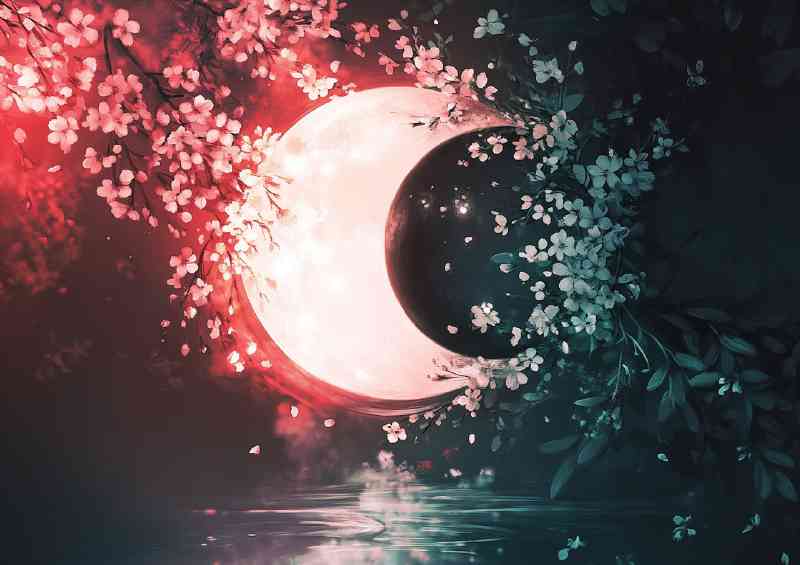 Yin yang symbol made of cherry blossoms and the moon