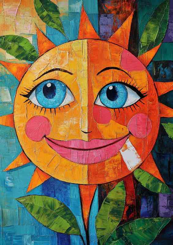 Abstract colorful painting of a happy smiling orange sun