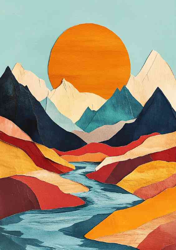 Abstract illustration of mountains and a river art style