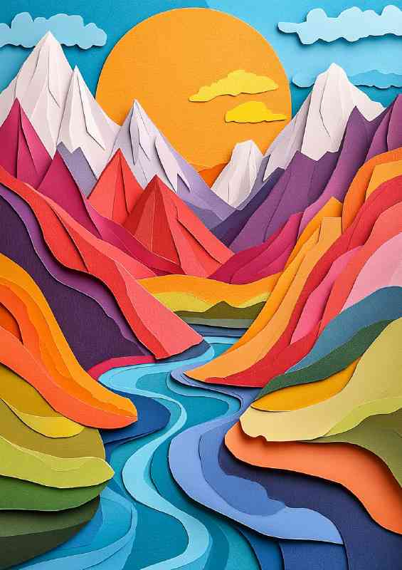Abstract illustration of mountains and a river with yellow sun
