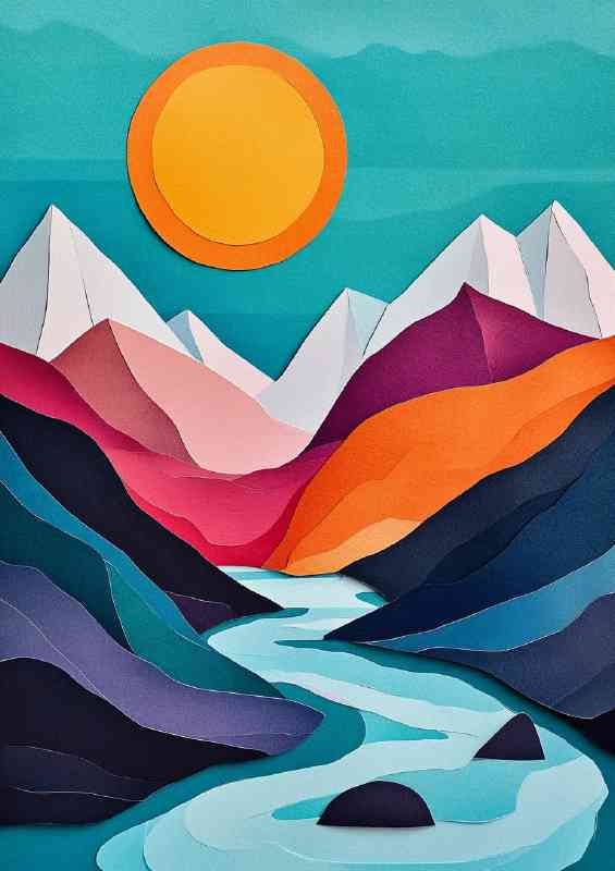 Abstract illustration of mountains and a river with sun paper art style
