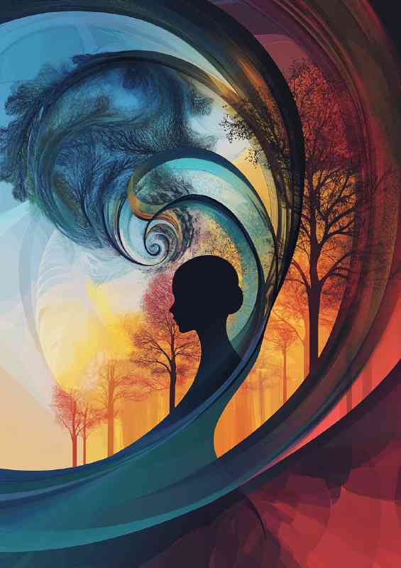 An abstract representation of the womans silhouette colour swirls