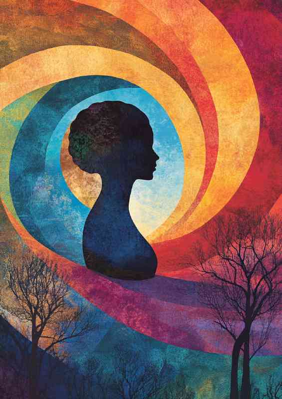An abstract representation of the womans silhouette swirls