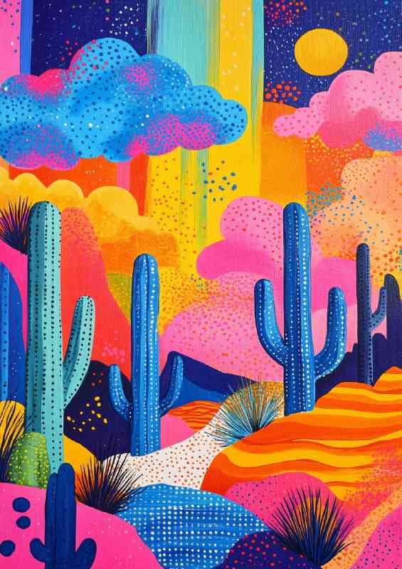 Bold and colorful pattern of cacti clouds desert