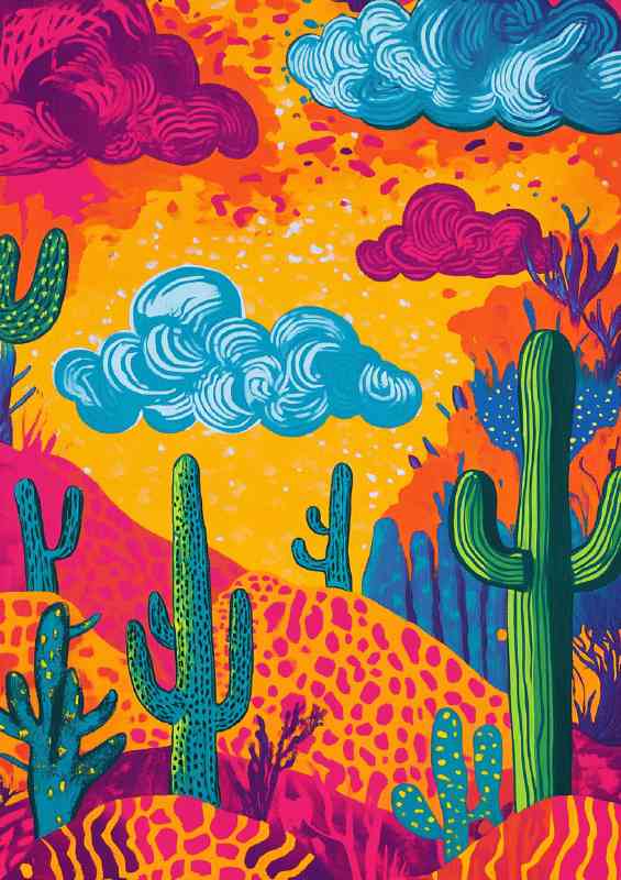 Colorful pattern of cacti clouds desert