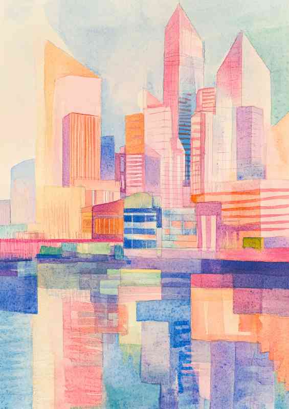 Colorful watercolor collage of buildings and river