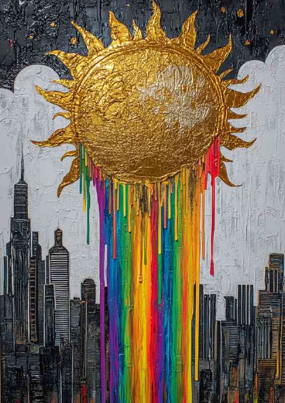 Embossed acrylic painting city sun colours