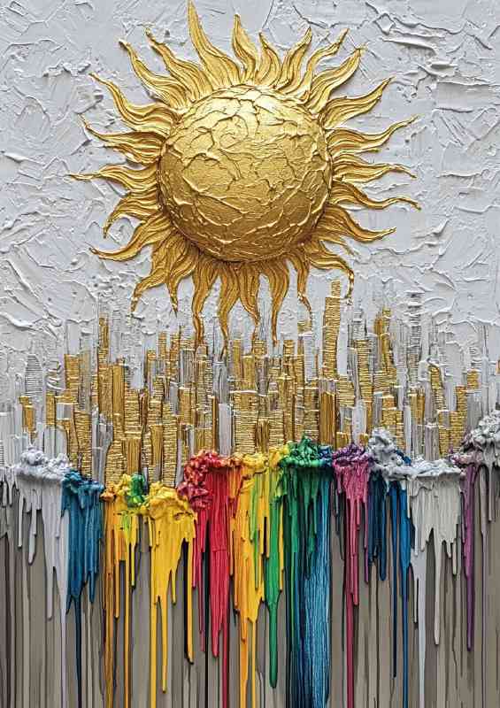 Embossed acrylic painting golden sun with colours