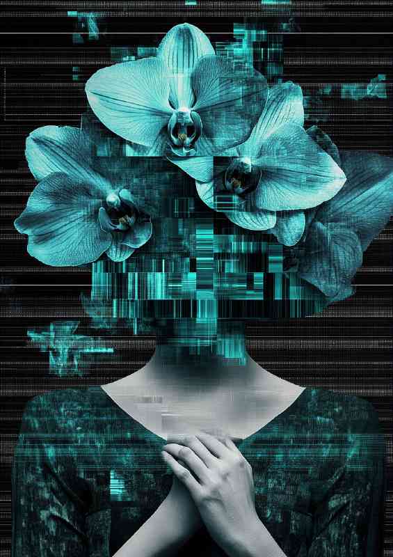 Glitch art style illustration of a woman
