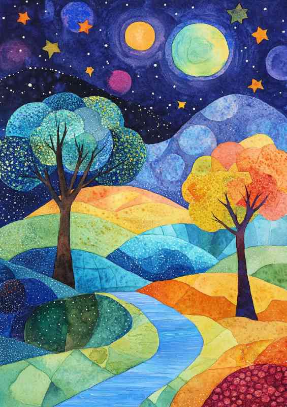 Landscape painting with trees and hills stars