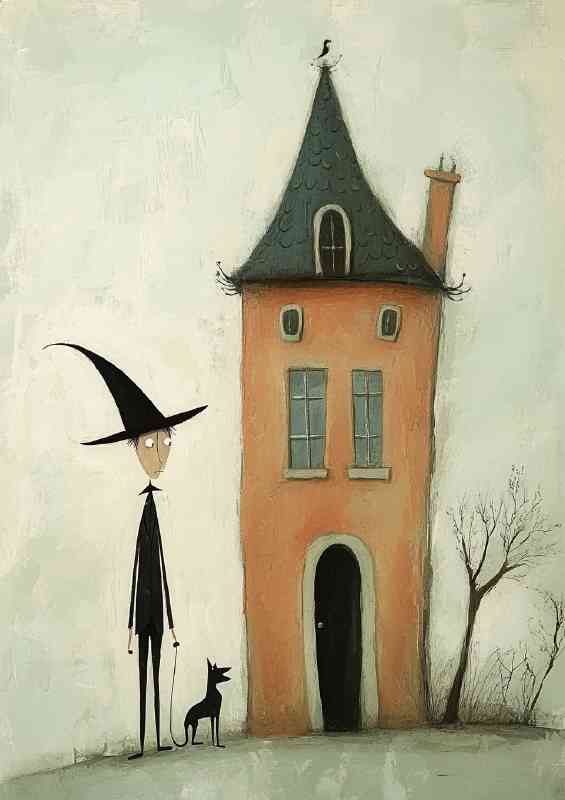 Man in a black pointy hat walking the dog