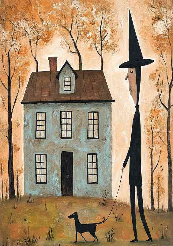 Man with the pointy hat walking the dog in autumn
