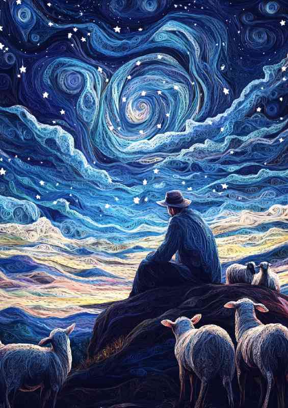 Shepherd with his flock of sheep under the starry night
