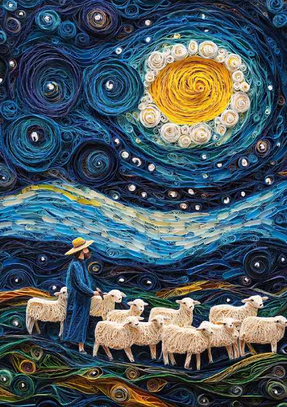 Shepherd with their flock of sheep walking through the valley