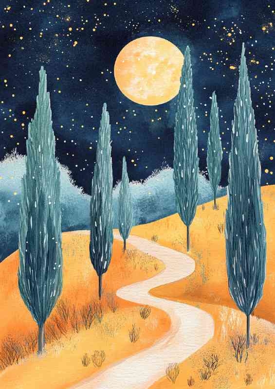 Starry night sky with the moon casting its glow on the landscape