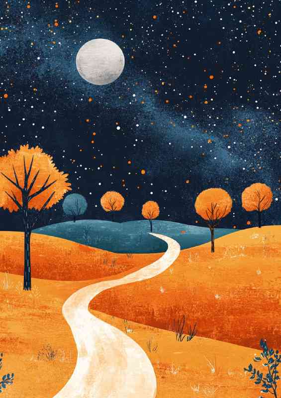 Starry night sky with the moon casting its glow on the pathway