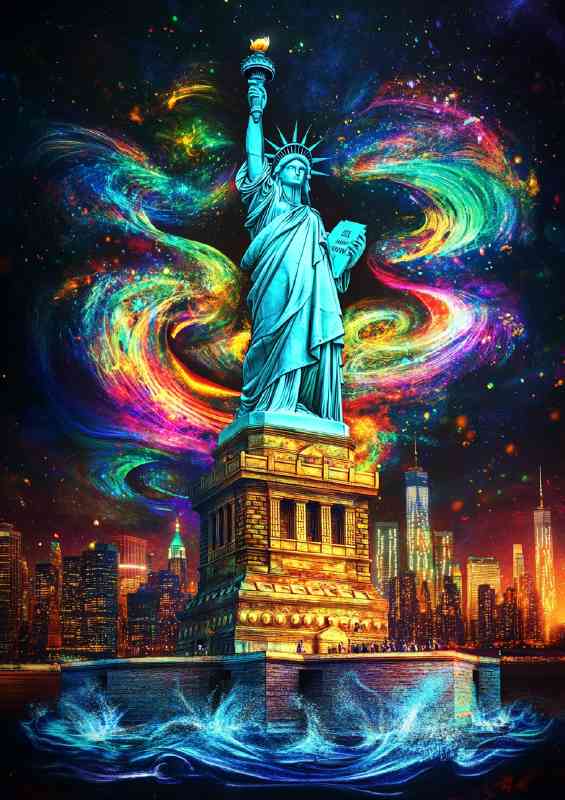 The Statue of Liberty in the style of blue and turquoise