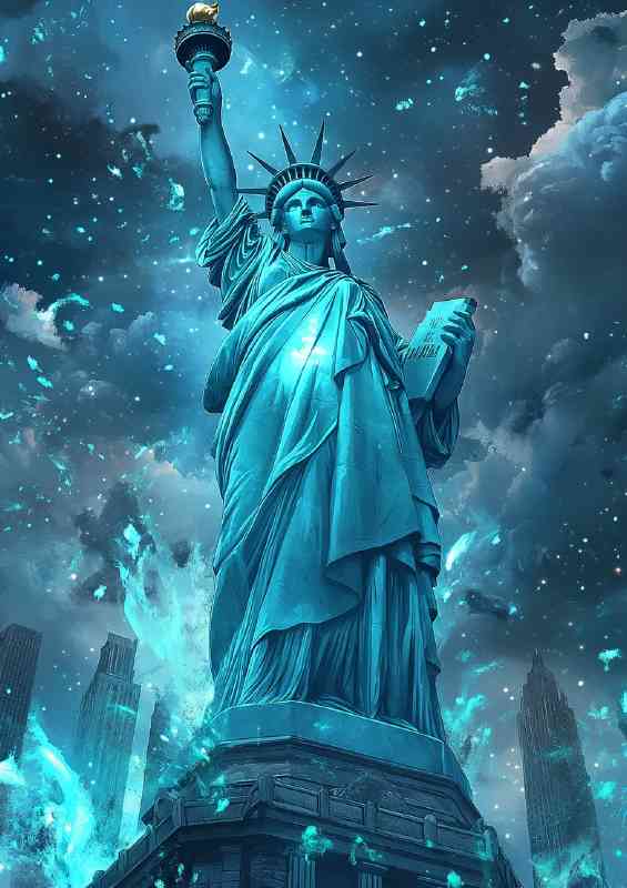 The Statue of Liberty in the style of dark sky blue