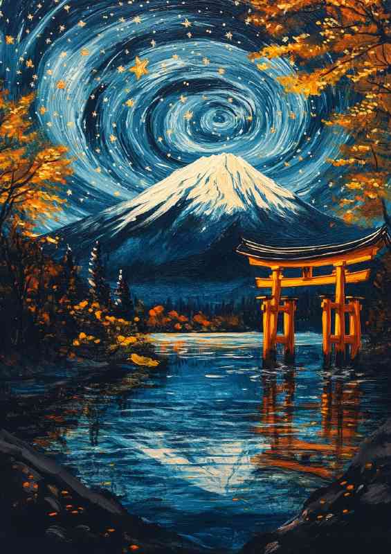 Tori gate in the water with mount fuji