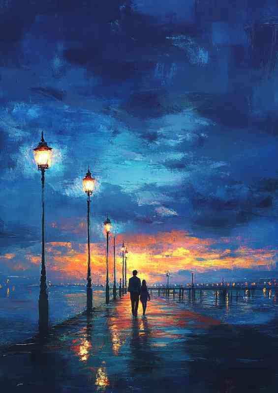 Walk along the pier at night the sky is painted