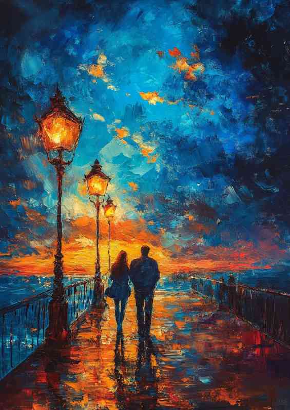 Walk along the pier at night the sky is painted lights