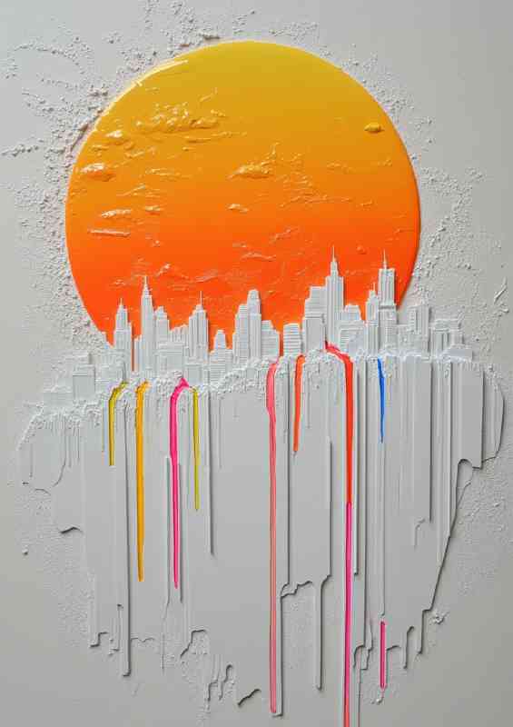 White and gray relief painting of an orange sun