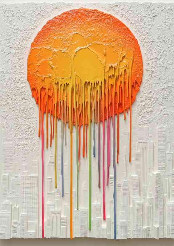 White and gray relief painting of an orange sun metling colours