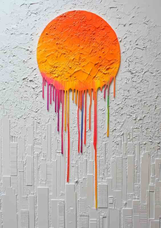 White and gray relief painting of an orange sun with dripping paint