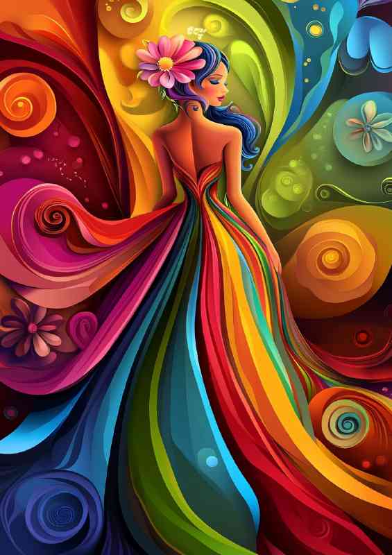 Woman with a flower in her hair wearing a colourful dress