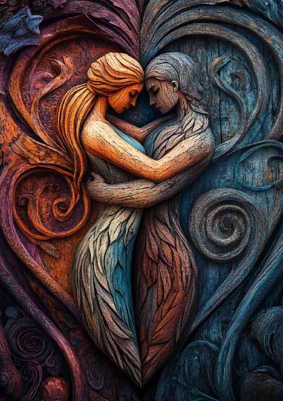 Wood carving style of two lovers entwined