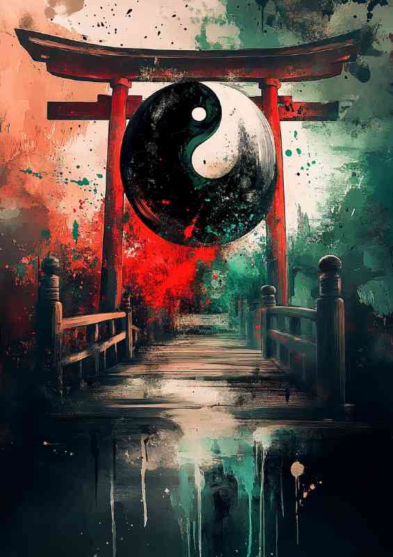 Yin yang symbol a torii gate in the background