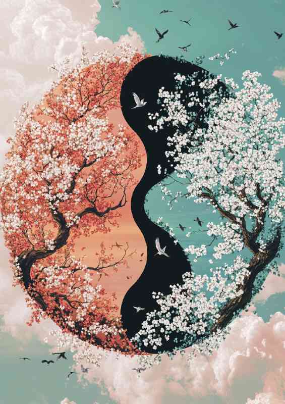 Yin yang symbol made of cherry blossoms