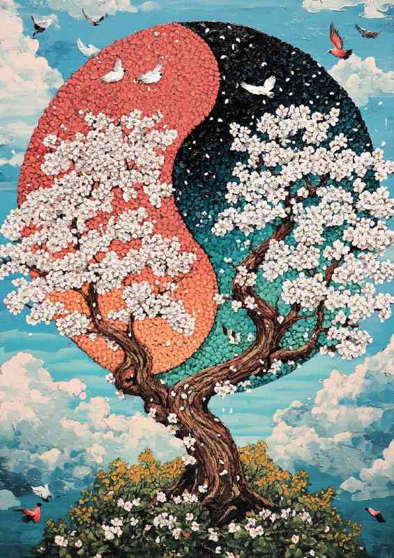 Yin yang symbol made of cherry blossoms and white flowers