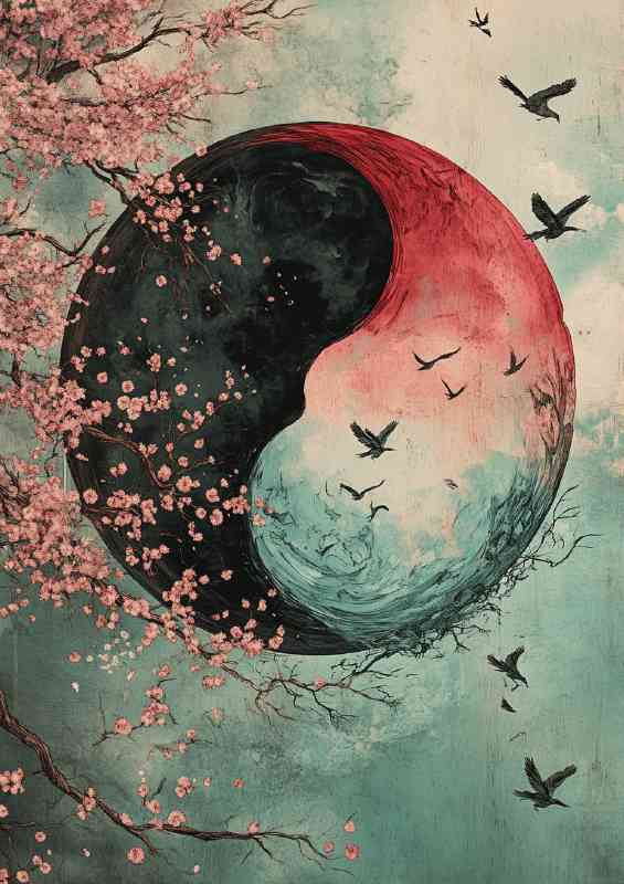 Yin yang symbol with birds and blossom