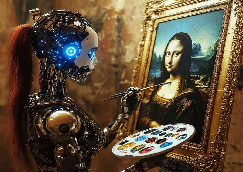 Photo of an AI robot with blue eyes painting the Mona lisa