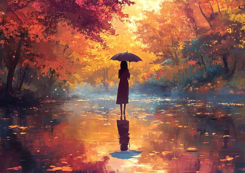 Woman standing in the middle of a big puddle