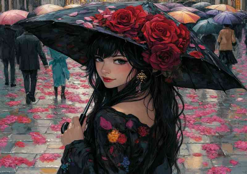 Woman with long black hair and flowers in umberella