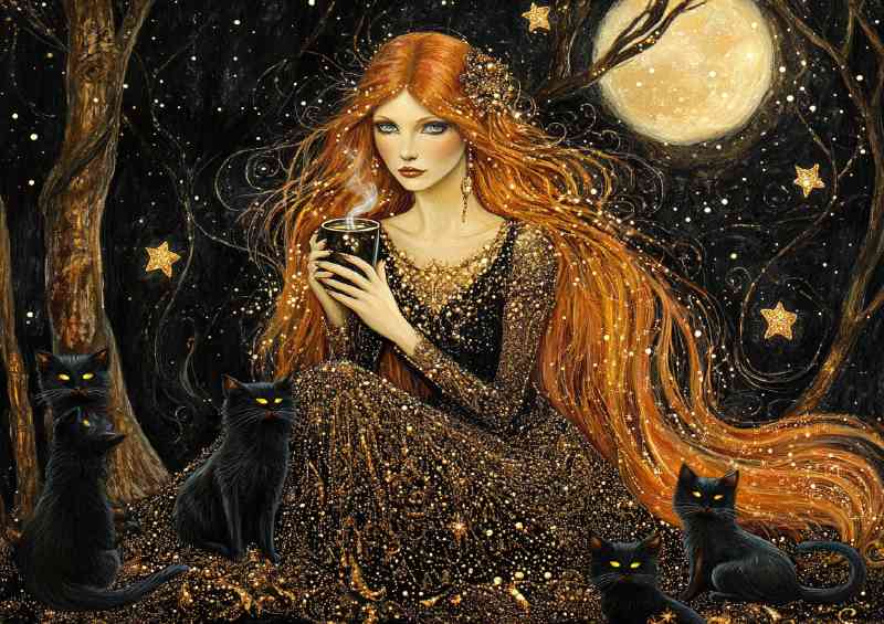 Woman with long red hair and big eyes with cats