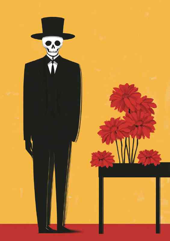 Man in a black suit and top hat with a skull like