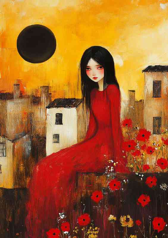Oil painting of a woman in a red dress sitting on a wall