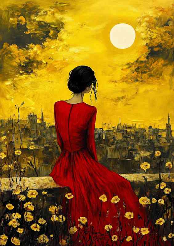 Woman in a red dress sitting on a wall with flowers