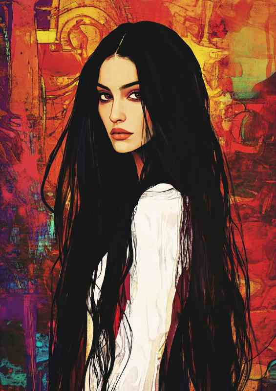 Woman with long black hair painted art