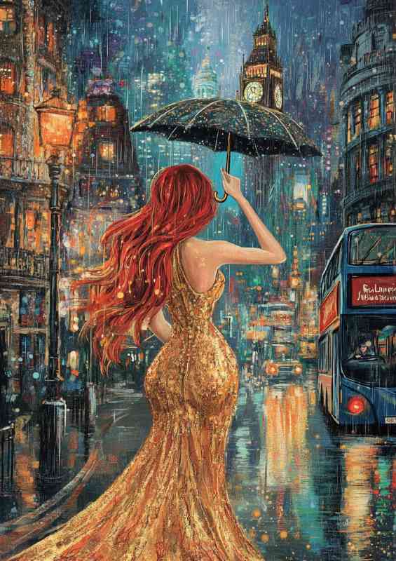 Woman with long red hair in an elegant gold dress its raining
