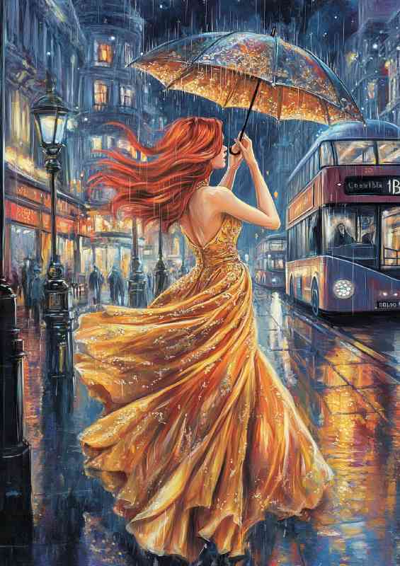 Woman with long red hair in gold in the city